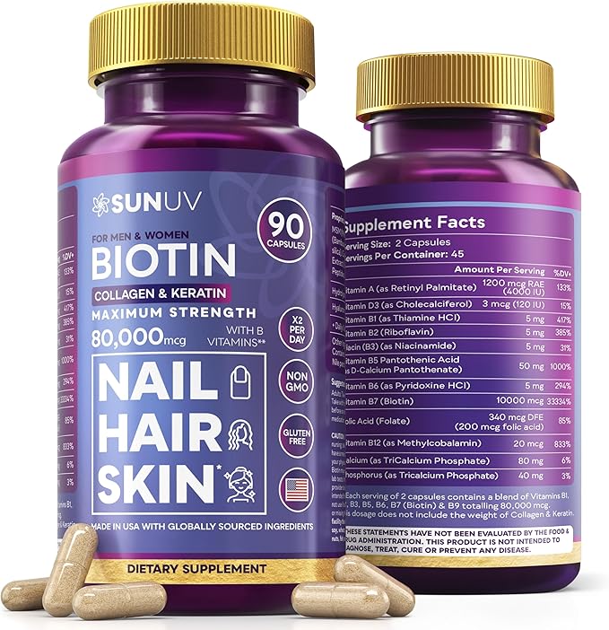 SUNUV Biotin 10,000mcg | Collagen | Keratin | Hyaluronic Acid - 80,000mcg Hair Growth Vitamins for Hair Skin & Nails Support - Women & Men - Vitamins B1,B2,B3,B5,B6,B9,B12 -Made in USA-90 Capsules