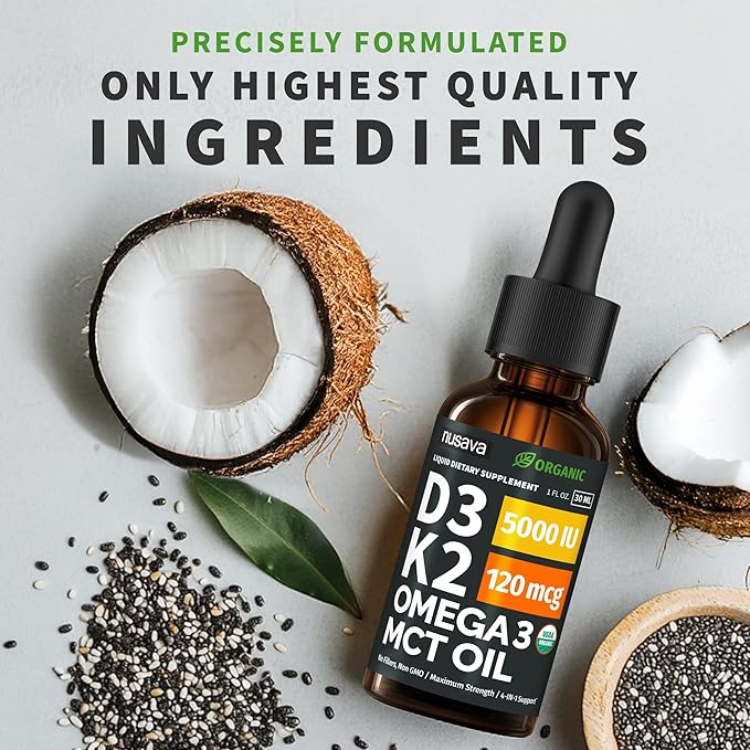 (2 Pack) Organic Vitamin D3 K2 Drops with MCT Oil Omega 3, 5000 IU, Maximum Strength Vitamin D Liquid, No Fillers, Non-GMO Liquid D3 for Faster Absorption and Immune Support (Unflavored, 2 Fl Oz)