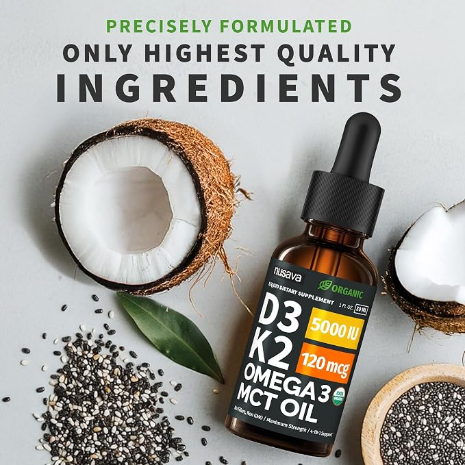 (4 Pack) Organic Vitamin D3 K2 Drops with MCT Oil Omega 3, 5000 IU - Maximum Strength Vitamin D Liquid, No Fillers, Non-GMO Liquid D3 for Faster Absorption and Immune Support, Unflavored, 4 Fl Oz