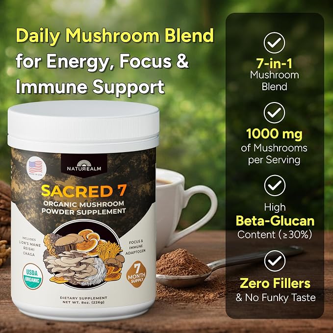 Naturealm Sacred 7 Organic Mushroom Powder Supplement | 7-Month Supply | 7-in-1 Blend with Lions Mane, Reishi, Chaga | Brain & Immune Support | 100% Fruiting Bodies for Coffee & Smoothies