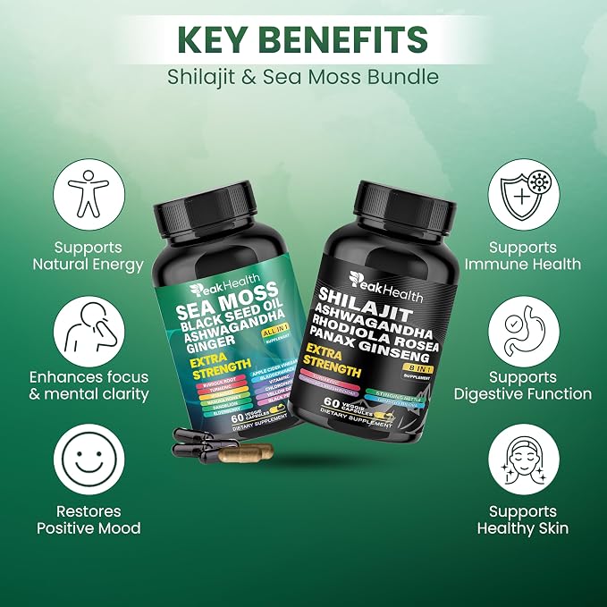 Peakhealth Shilajit Sea Moss Black Seed Oil Ashwagandha Capsules for Man Woman,2 Bottle Combo with Turmeric, Panax Ginseng, Rhodiola,Herbal Formula,Energy & Immune Support, 60 Capsules
