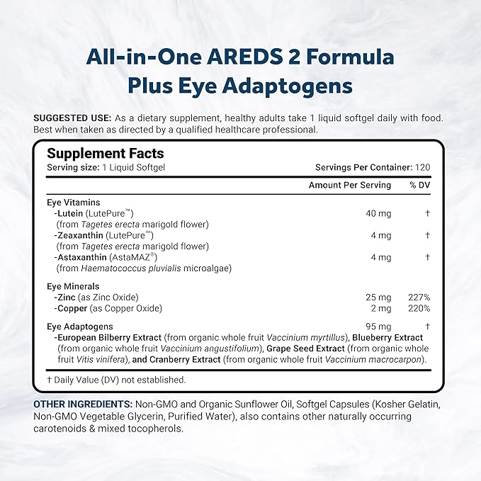 Naturalis Areds2 Clinically Based Eye Supplement | Lutein, Zeaxanthin, Astaxanthin, Bilberry, Blueberry, Cranberry & Grape Seed Adaptogen Blend | 120 Vision Essential Softgels
