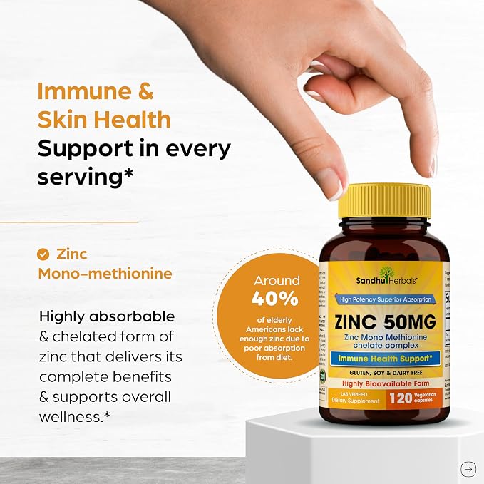 Zinc 50mg Capsules for Men and Women, 120 Count | Highly Absorbable Zinc Supplements for Immune System Support | Zink 50 mg Mono Methionine Chelated Complex |Helps with Skin Health & Overall Immunity