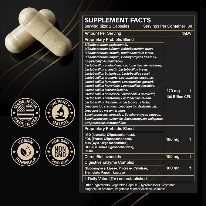 Probiotics for Women & Men, 100 Billion CFU Probiotic for Digestive, Gut & Immune Health - with Prebiotics, Bioflavonoids & Digestive Enzyme, 35 Strains Raw Probiotic Supplement, 180 Caps
