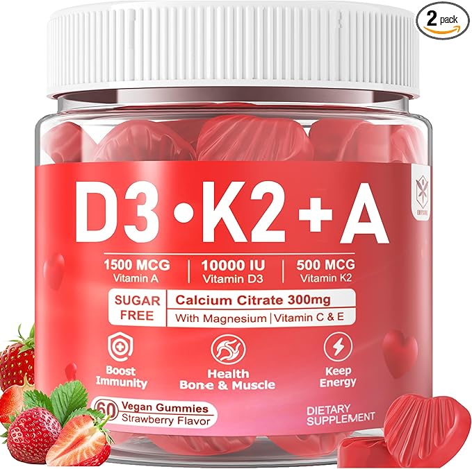 Vitamin D3 + K2 + A Gummies 5000IU/10000 IU - Vitamin D3 Con K2 Supplement with Calcium Magnesium Zinc, Vitamin C & E, High Dose Ultimate Absorbency for Bones, Muscles, Teeth, Vision, Vegan 2 Packs