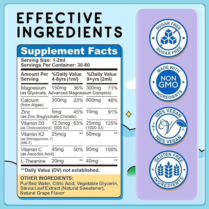 (2 Pack) Magnesium Glycinate Liquid for Kids, Kids Magnesium Liquid Drops Supplement with L-Theanine, Calcium, Zinc, Vitamin D3 K2 for Sleep Calm Relaxation Brain Bones Focus, Grape Flavor 4 Fl Oz
