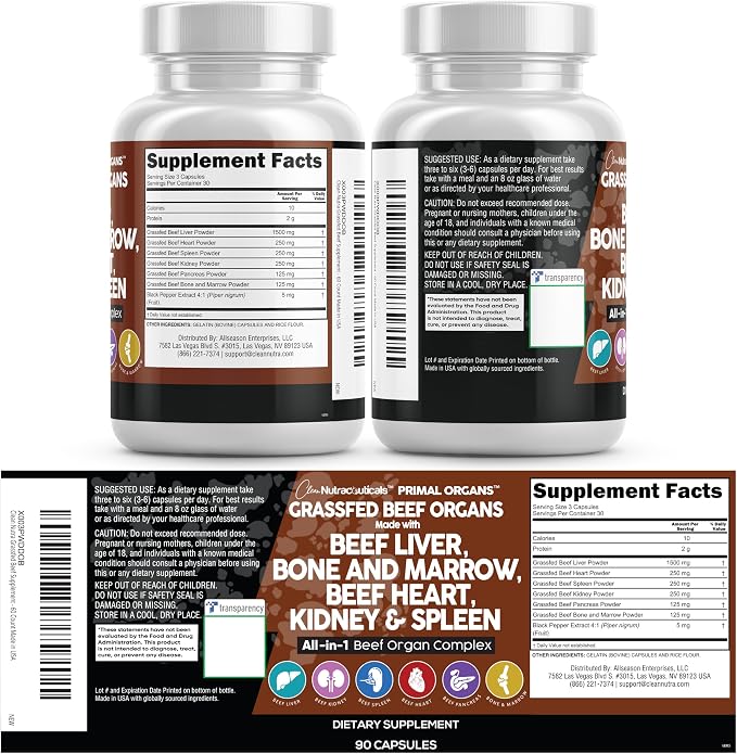 Clean Nutraceuticals Grass Fed Beef Liver Capsules - Premium Quality Supplement Packed with Desiccated, Beef Heart, Spleen, Pancreas Plus Bone & Marrow Dao Enzyme Pills