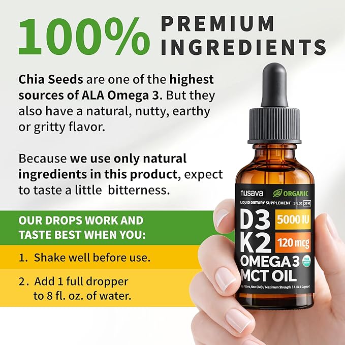 (2 Pack) Organic Vitamin D3 K2 Drops with MCT Oil Omega 3, 5000 IU, Maximum Strength Vitamin D Liquid, No Fillers, Non-GMO Liquid D3 for Faster Absorption and Immune Support (Unflavored, 2 Fl Oz)