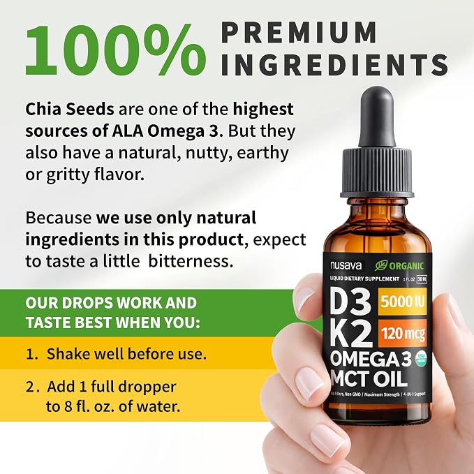 (4 Pack) Organic Vitamin D3 K2 Drops with MCT Oil Omega 3, 5000 IU - Maximum Strength Vitamin D Liquid, No Fillers, Non-GMO Liquid D3 for Faster Absorption and Immune Support, Unflavored, 4 Fl Oz