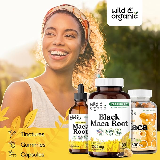 Wild & Organic Black Maca Root Capsules for Men & Women 500 mg - Overall Support for Men & Women - Vegan Maca Powder Supplement - 180 Days Supply - Non-GMO, No Fillers, Gluten-Free - 180 Count