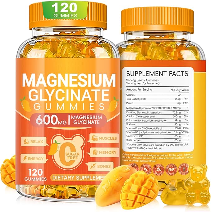 Magnesium Glycinate Gummies 600mg, Chewable Sugar Free Potassium Magnesium Gummies with Magnesium Glycinate, Vitamin D, B6 and CoQ10 for Sleep, Relaxation, Brain & Muscle, 120 Count