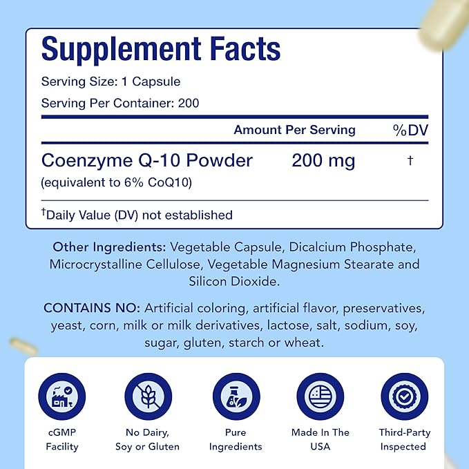 CoQ10 200mg Capsules | Vegan Friendly Coenzyme Q10 200mg from Easy Absorption Ubiquinone Supplement for Skin Heart and Energy Support | Made in The USA in cGMP Facilities (200 Servings)