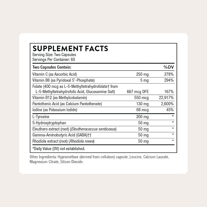 THORNE - Emotion Balance Support - Supports Mood & Stress Management* - Vitamins B6, B12 & C, 5-HTP, GABA, Rhodiola, Folate (5-MTHF) & L-Tyrosine - Third-Party Certified - Gluten-Free - 120 Capsules