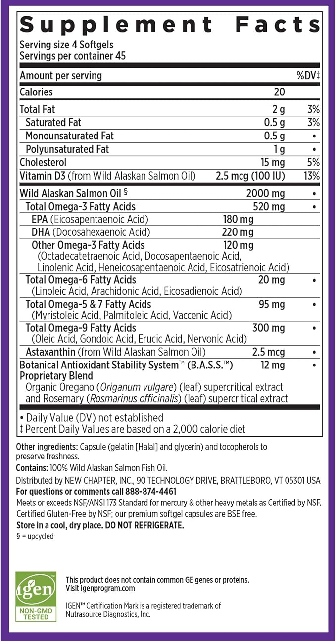 New Chapter Wholemega Fish Oil Supplement, Tiny Capsules, 2000mg per Serving, Clinically Proven Wild Alaskan Salmon Oil with Omega-3 + Vitamin D3 + Astaxanthin, 500mg per softgel - 180 Count