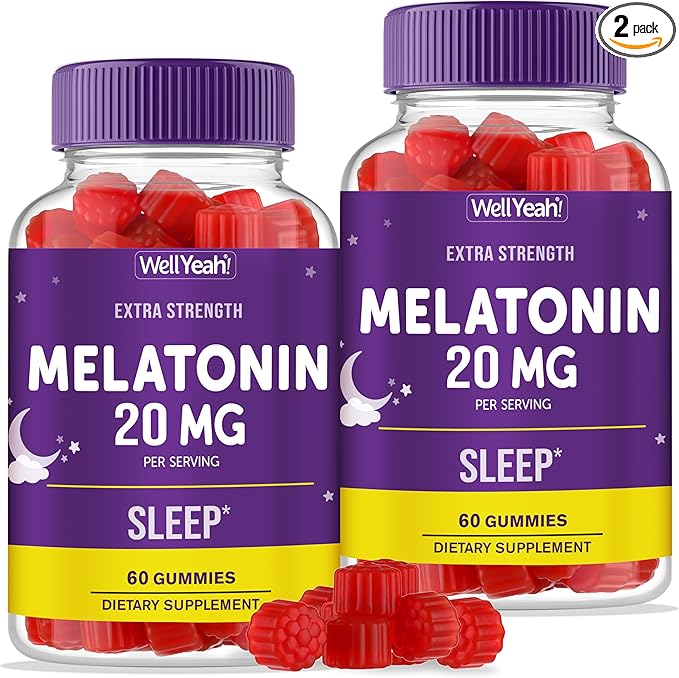 WellYeah Melatonin Gummies 20mg (2 Pack) | Sleep Support | Maximum Strength Melatonin 20mg Gummies for Adults | Fast Dissolved | Great Berry Flavor | 60 Count | Vegan, Non GMO