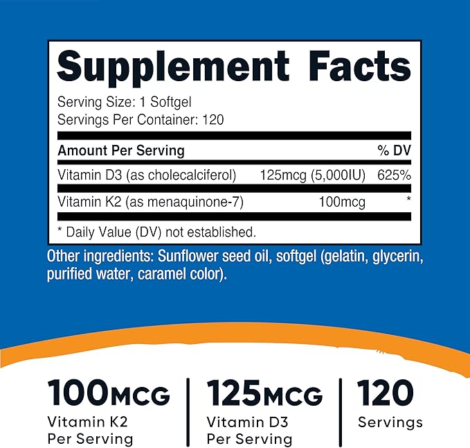 Nutricost Vitamin K2 (MK7) (100mcg) + Vitamin D3 (5000 IU) 120 Softgels - Gluten Free and Non-GMO (Pack of 2)