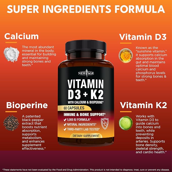 NEW AGE Vitamin D3 5,000 IU + K2 MK-7 100 mcg - 2-in-1 Bone, Immune & Heart Support, Easy to Swallow, Non-GMO - 120 Capsules