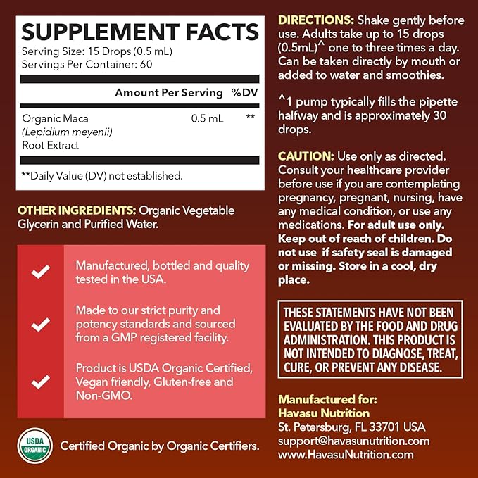 Organic Maca Root Liquid Drops - Supports Hormone Balance, Mood, and Energy in Women and Men - Lepidium Meyenii to Support Performance and Vitality - Non-GMO, Vegan, Unflavored - 60 Servings