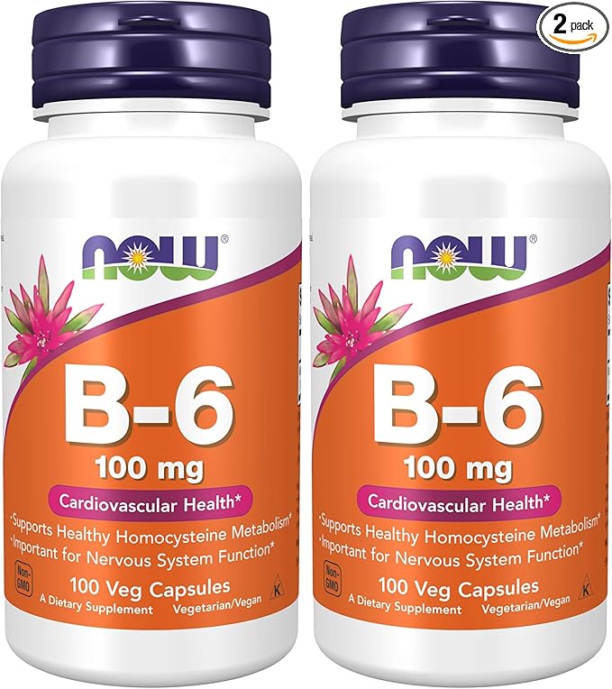 NOW Supplements, Vitamin B-6 (Pyridoxine HCl) 100 mg, Cardiovascular Health*, 100 Veg Capsules (Pack of 2)