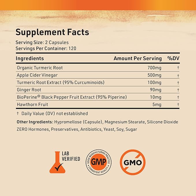 Nature's Base Turmeric and Ginger Supplement - with Curcumin, Apple Cider Vinegar & BioPerine Black Pepper Extract - 95% Curcuminoids - 240 Capsules
