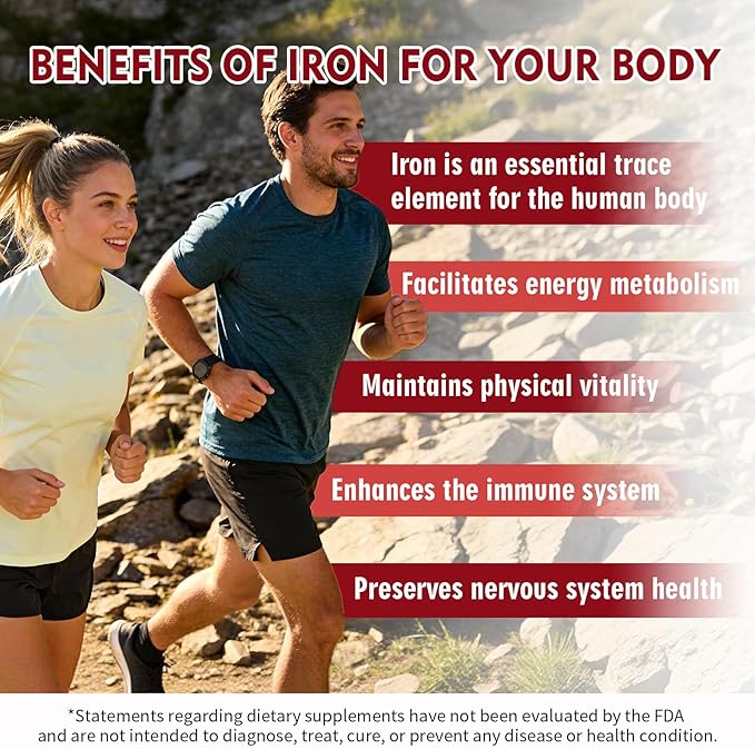 Iron Supplement - Iron 65mg High Absorption Iron Bisglycinate with Vitamin C, Calcium, Gentle Iron Pills for Women Men - Non GMO & Gluten Free, Stomach Friendly, 60 Capsules