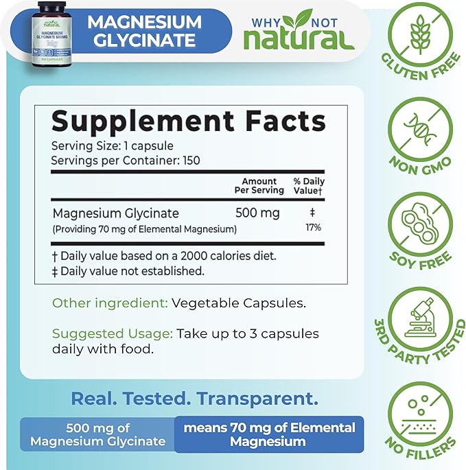 Why Not Natural Magnesium Glycinate 500 mg Capsules Supplement - Vegan, No Filler - Supports Sleep and Relaxation