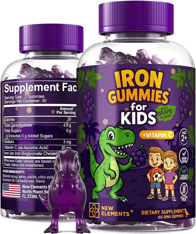 New Elements Iron Dinosaur Gummies for Kids with Vitamin C | Sugar-Free, Vegan, Gluten-Free & Non-GMO | Anemia Relief, Energy & Blood Health Support | Grape Flavor, Pectin-Based for Optimal Health