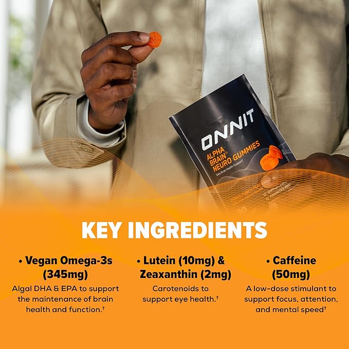ONNIT Alpha Brain Neuro Focus Gummies, IGEN Non-GMO Tested Vegan Gummies with Omega-3s Lutein Zeaxanthin and Caffeine, Brain Eye and Focus Supplement for Men and Women, Citrus Punch, 90 Count