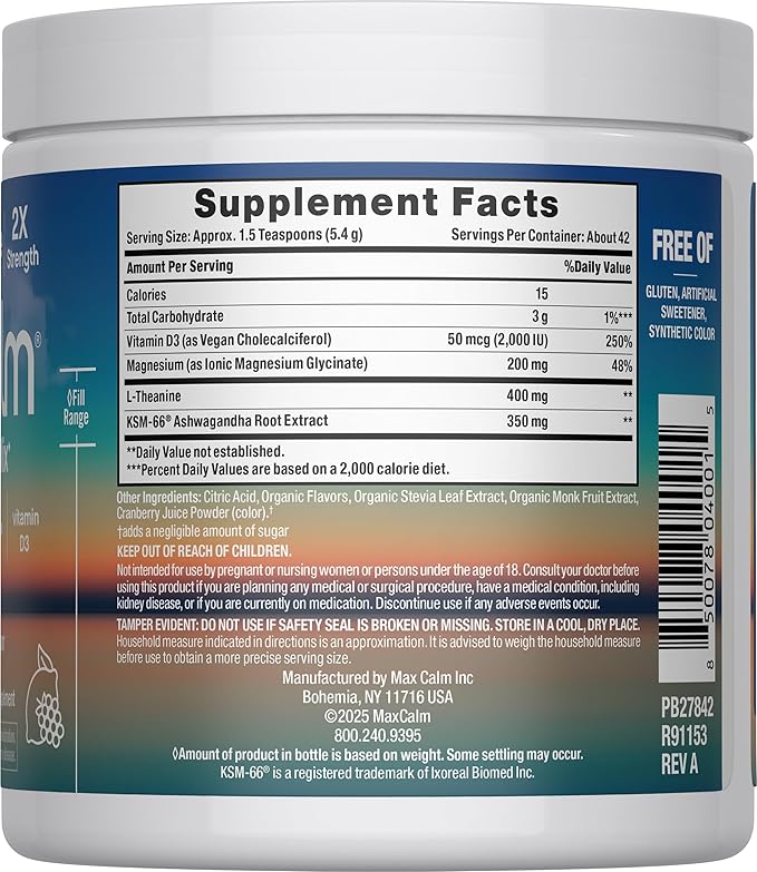 Relaxing Drink Mix | Raspberry-Lemonade Flavor | Magnesium Glycinate, KSM-66 Ashwagandha, L-Theanine & Vitamin D3 | MaxCalm | Gluten-Free, Vegan | 8 Ounce Powder