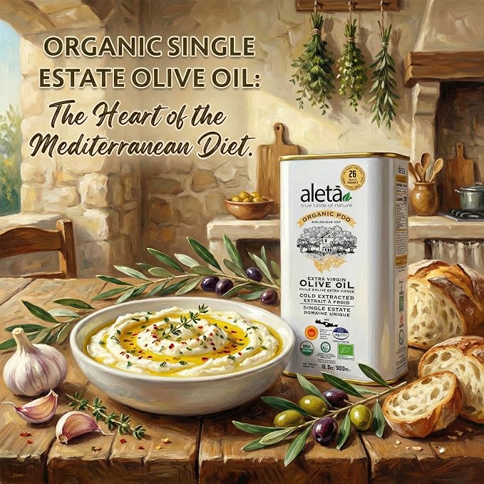 Aleta, Organic & PDO Extra Virgin Olive Oil, 2025 Gold Award, Certified Single Estate, Crete Greece, First-Cold Press, 1 Lt (33.8 oz.) Tin, Pack of 2