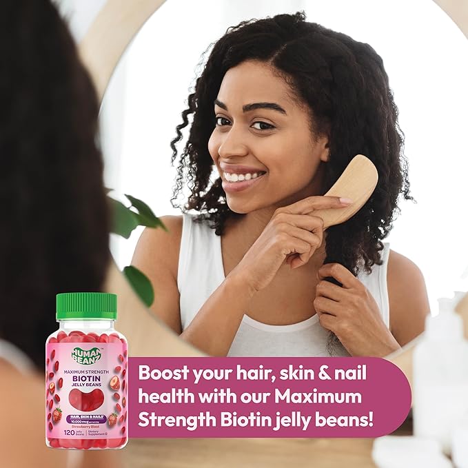 Human Beanz Biotin Jelly Bean Gummy Vitamins, Max Strength Biotin for Hair, Skin and Nails, 10,000mcg per Serving, Hair Growth Vitamins for Men and Women, 120 Strawberry Blast Jelly Beans, Kosher