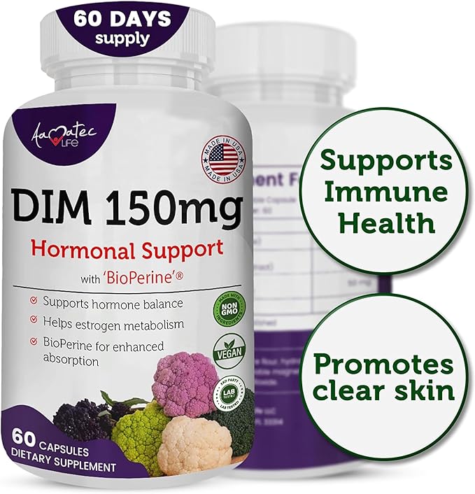 Women’s DIM Complex 150mg - Bioperine Estrogen Balancing Pills for Menopause & Hot Flashes Relief Support Hormonal Acne Powerful Supplement - Pack of 2 (60 Count per Bottle), Made in USA