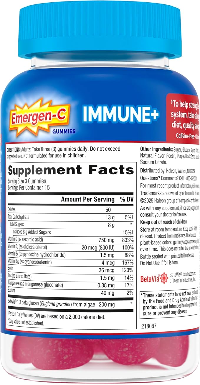 Emergen-C Immune+ Triple Action Immune Support Gummies, BetaVia (R), 1000mg Vitamin C, B Vitamins, Vitamin D and Antioxidants, Raspberry – 45 Count