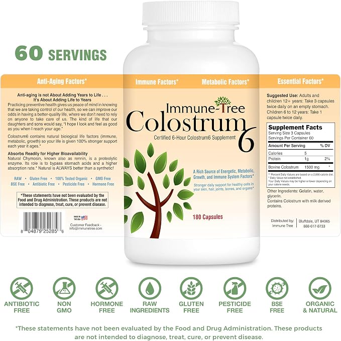 100% Pure Bovine Colostrum (Grass-Fed) | High IgG for Immune Support & Gut Health | Anti-Aging | Colostrum Supplement for Adults & Kids | 180 Capsules