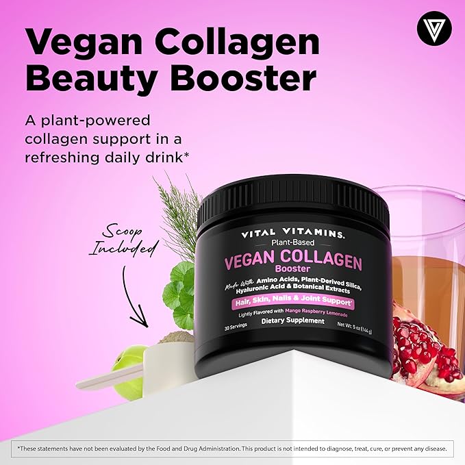 Vital Vitamins Vegan Collagen Booster Powder (2-Pack) - Made with Amino Acids, Silica, Hyaluronic Acid, & Botanical Extracts - Plant-Based - Mango Raspberry Lemonade Flavor - Hair, Skin, Nails