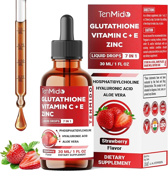 Liposomal Glutathione Supplement - 7in1 Liquid Drops with Zinc, Vitamin C, Vitamin E, Phosphatidylcholine, Hyaluronic Acid, and Aloe Vera - Vegan, Non-GMO - 30ml 1 Fl Oz