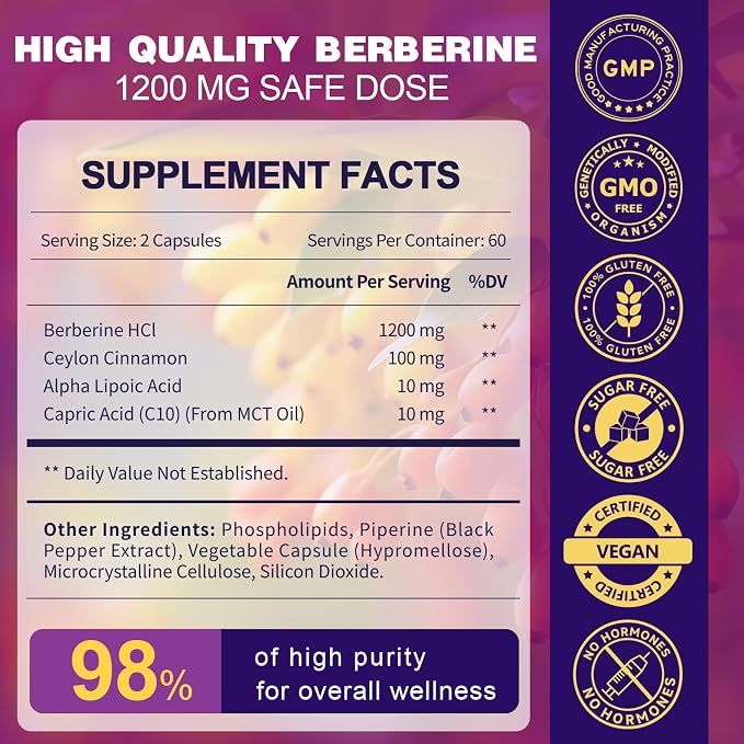 ZEBORA Premium Berberine HCL Supplement 1200 mg, Berberine GLP-1 Support with Ceylon Cinnamon, ALA & Capric Acid, Supports Immune & Antioxidant, Non-GMO, 120 Capsules