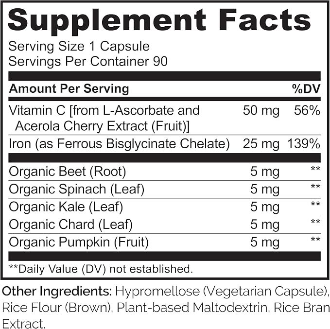 NATURELO Vegan Iron Supplement with Vitamin C and Organic Whole Foods - Gentle Iron Pills for Women & Men with Iron Deficiency Including Pregnancy, Anemia and Vegan Diets - 90 Mini Capsules