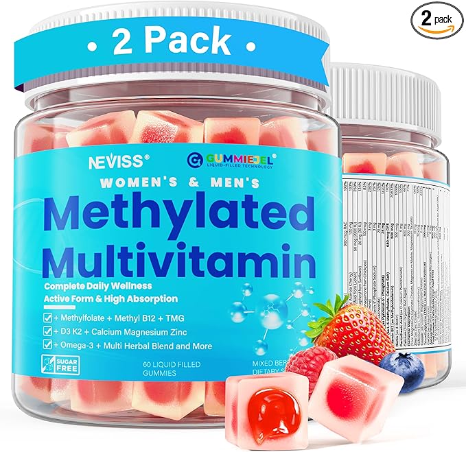 Methylated Multivitamin for Women & Men Gummies w/ Omega-3, Calcium, D3 K2, Methylfolate & B12, TMG, Daily Vitamin A, C, E, B Complex, Magnesium, CoQ10, Probiotic for Overall Health- Vegan, 2 Pack