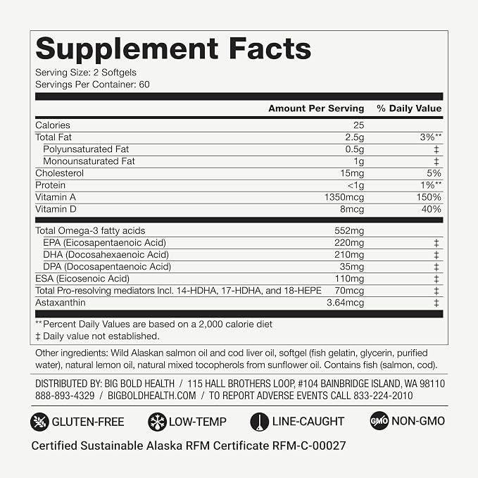 BIG BOLD HEALTH Omega-3 Rejuvenate Wild Alaskan Fish Oil Supplement with PRMs ⎹ EPA, DHA, & DPA Fatty Acids ⎹ Vitamins A and D to Support Immune Balance & Brain Wellness (120 Softgels)