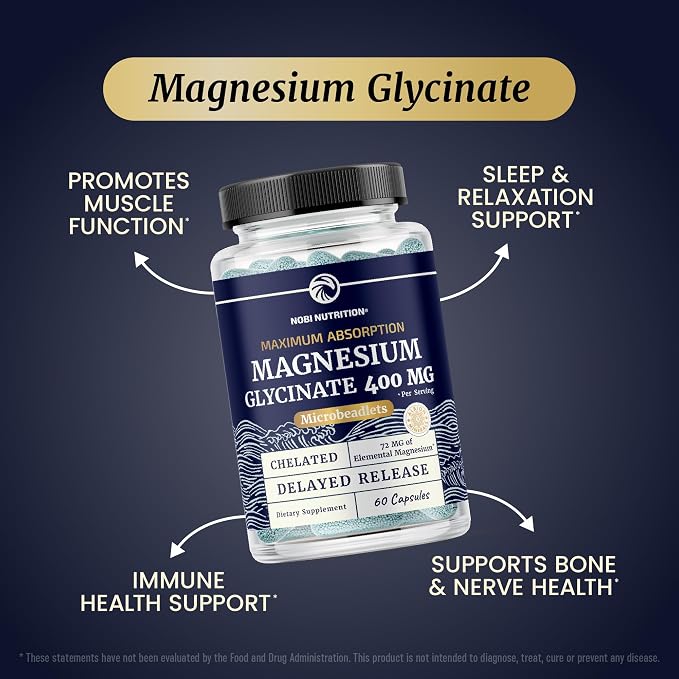 Magnesium Glycinate 400mg | High Absorption Magnesium for Sleep, Calm, Muscle Relaxation, Heart, Bone & Nerve Support for Women & Men | Advanced Microbeadlets | Chelated Mag Glycinate | 60 Ct.