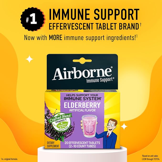 Airborne Elderberry + Zinc & Vitamin C Effervescent Tablets, Immune Support Supplement with Powerful Antioxidant Vitamins A C E, 20 Fizzy Drink Tablets, Elderberry Flavor