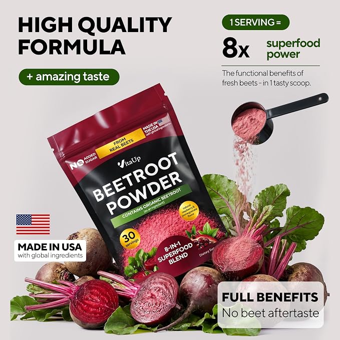 VitaUp Beet Root Powder 8 in 1 – USA Made Beets Powder Supplements with Grape Seed, Hawthorn, Coq10 – with Organic Beetroot for Normal Circulation & Energy Support – 30 Serving