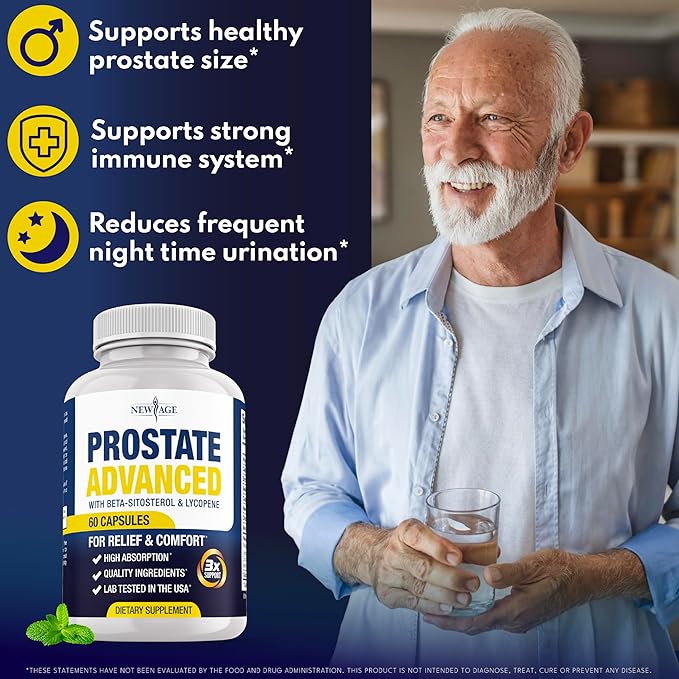NEW AGE Prostate Advanced Prostate Supplement for Men – Reduce Bathroom Trips, Promote Sleep, Support Health & Bladder Emptying - Made with Lycopene, Beta Sitosterol - 120 Count