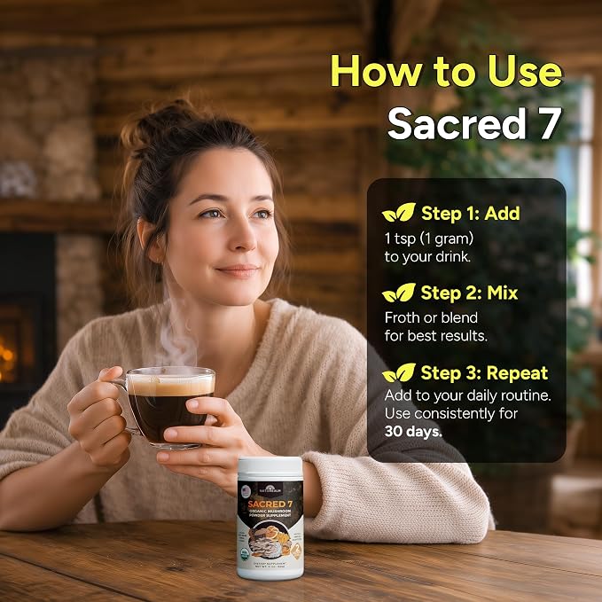 Sacred 7 Mushroom Powder Supplement, 7-in-1 Blend (60 Day Supply) | Immune Defense, Focus & Energy Support | Coffee Enhancer | Lion’s Mane, Reishi, Chaga | Organic 100% Fruiting Body Extract