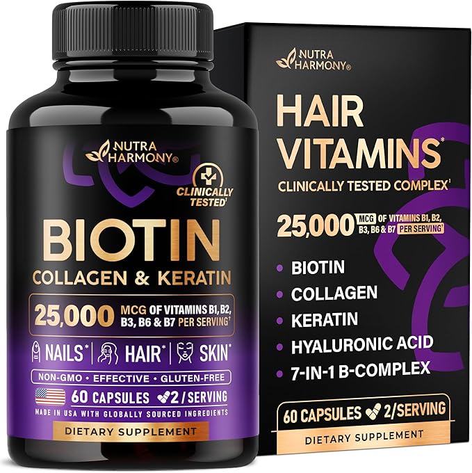 Biotin | Collagen | Hyaluronic Acid | Keratin - Support Normal Hair Growth Cycle, Skin & Nails - Clinically Tested - 25000mcg Vitamins B1, B2, B3, B6 & B7 - for Women & Men - Made in USA | 60 Capsules