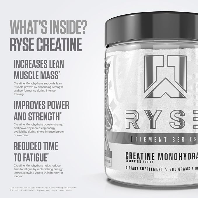 RYSE Creatine Monohydrate Powder - Unflavored - Supports Men & Women Lean Muscle Growth, Strength, Power, and Endurance - Helps Reduce Fatigue and Improve Workout Recovery - 60 Servings
