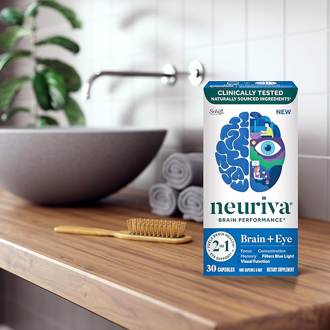 NEURIVA Brain + Eye Supplement for Memory, Focus & Concentration with Lutein & Vitamins A C E and Zinc for Eye Health & Zeaxanthin to Filter Blue Light, 30ct Capsules, (Pack of 2)