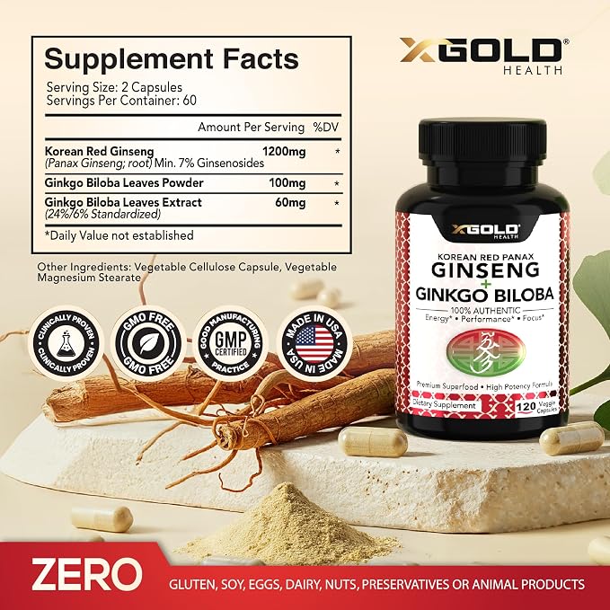 X Gold Health Korean Red Panax Ginseng + Ginkgo Biloba 7% Ginsenosides Extra Strength Energy, Memory, Focus & Brain Support Premium Supplement for Men & Women Non-GMO, 120 Vegan Capsules