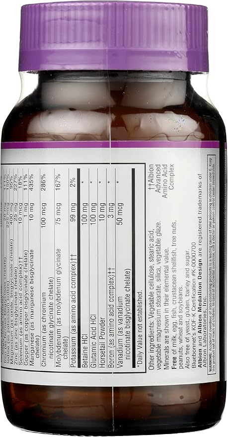 Bluebonnet Nutrition High Potency Chelated Multiminerals, Albion Chelated Minerals, Soy-Free, Gluten-Free, Non-GMO, Kosher Certified, Dairy-Free, 60 Caplets, 20 Servings